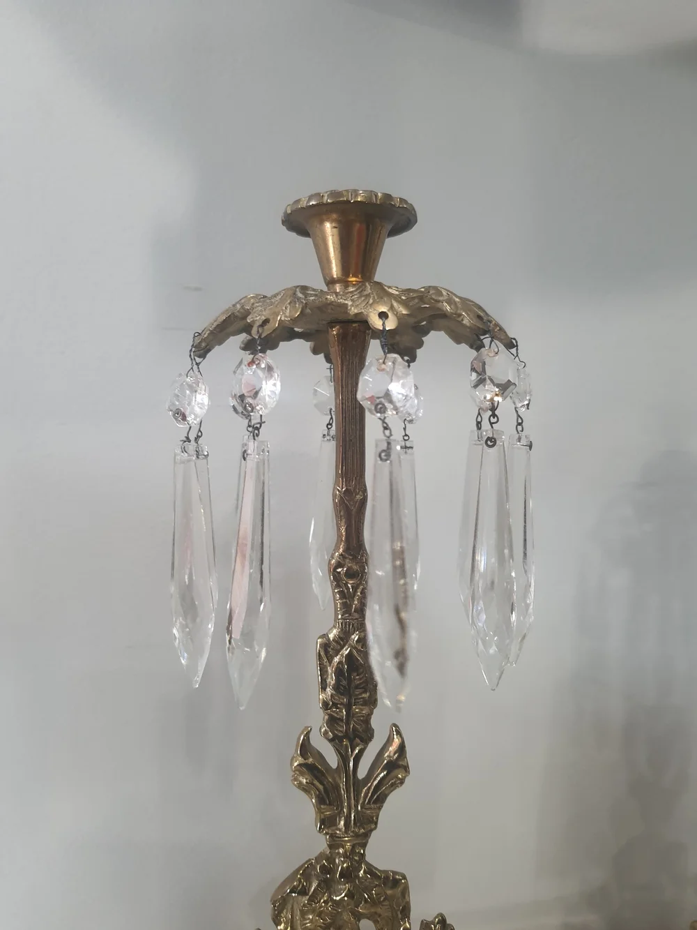 Decorative Brass Floral Taper Candlestick Pair with Crystals - Gold